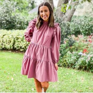 NWT Moodie Dusty Purple Ruffle Tier Balloon Sleeve Peasant Poplin Mini Dress